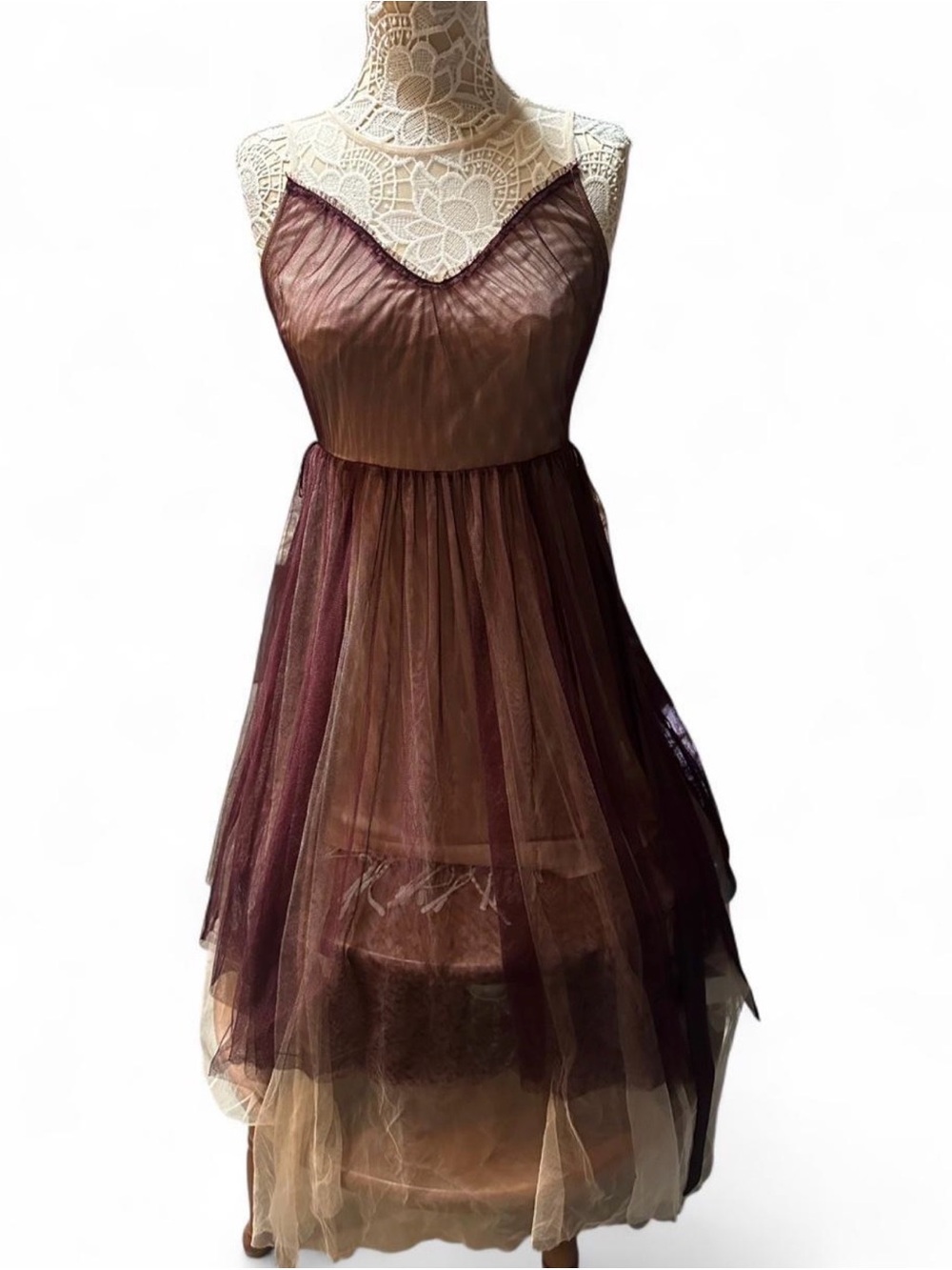 LC Lauren Conrad Burgundy and Brown Layered Tulle Midi Dress